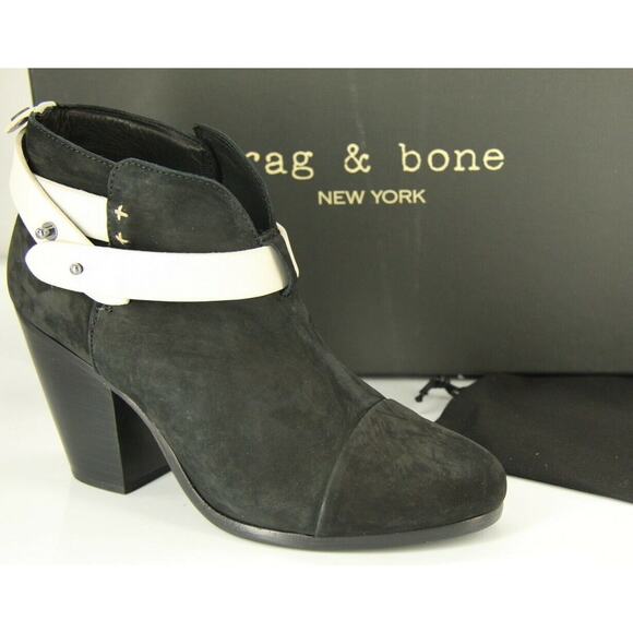Rag & Bone Harrow White Strap Black Suede Ankle Boots Size 37.5 New $495
